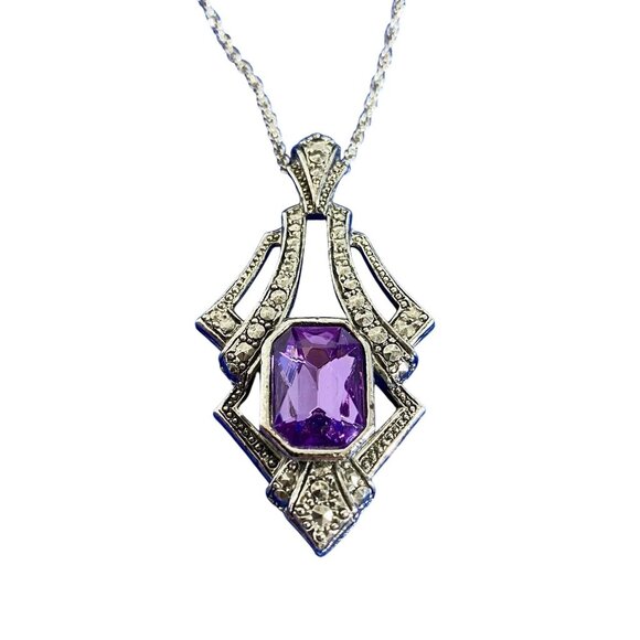 Silver Tone Art Deco Pendant Purple Center Stone With Marcasite Accents - Picture 1 of 4